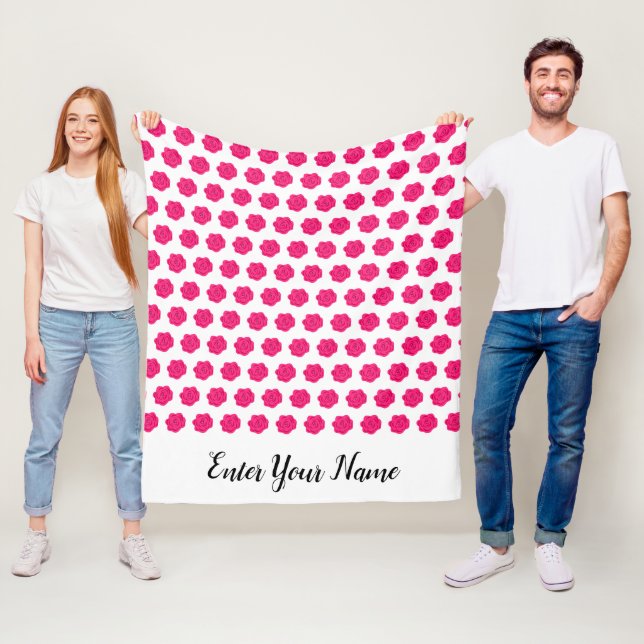 Skriptmonogram HotPink Ro Blommönster Anpassningsb Fleecefilt (På plats)