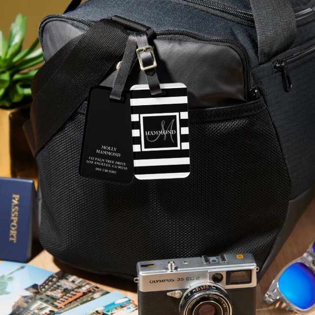 Skriptmonogram | Modern stripy Bagagebricka (Fram & Baksida)