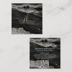 Skriptmonogram QR för svart agate Guld Glitter Fyrkantigt Visitkort