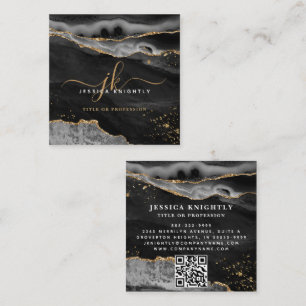 Skriptmonogram QR för svart agate Guld Glitter Fyrkantigt Visitkort