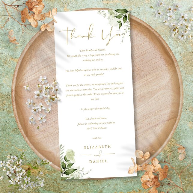 Skriptmonteringskort i Greenery Bröllop Guld Meny (Greenery Wedding Gold Script Thank You Place Card)