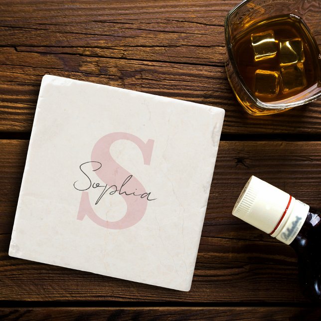 Skriptnamn med rosa monogram Personligt Stenunderlägg (Skapare uppladdad)