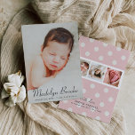 Skriptöverlägg med Rosa Flicka Multi Photo Birth<br><div class="desc">Meddela din nyfödd bebis-flicka till familj och vänner i stil med det här blott chicens fotofödelsemeddelande. Innehåller en elegant charkol-grått (kan anpassas)-textövertäckning på det framsida som har funktioner, och tre fyrkantiga bilder på baksidan av kortet med text som kan vara personlig. Bakgrunden på baksidan innehåller en rosa och vit polka...</div>