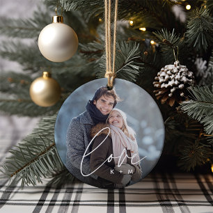 Skriptöverläggningsfoto och Initialer i kärlek Julgransprydnad Keramik