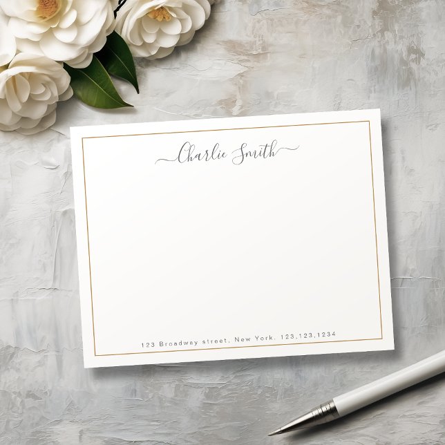 Skriptpapper för personligen guld gräns anteckningskort (Simple script gold border personalized stationery note card)