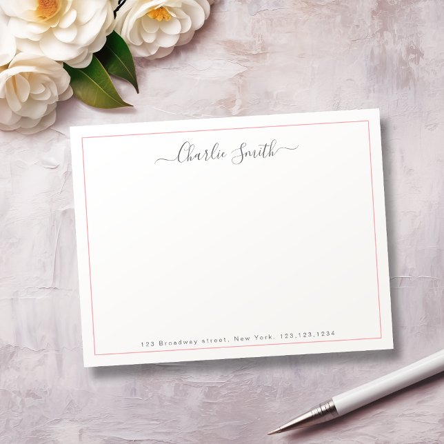 Skriptpapper för rosa gräns personlig  anteckningskort (Simple script pink border personalized stationery note card)