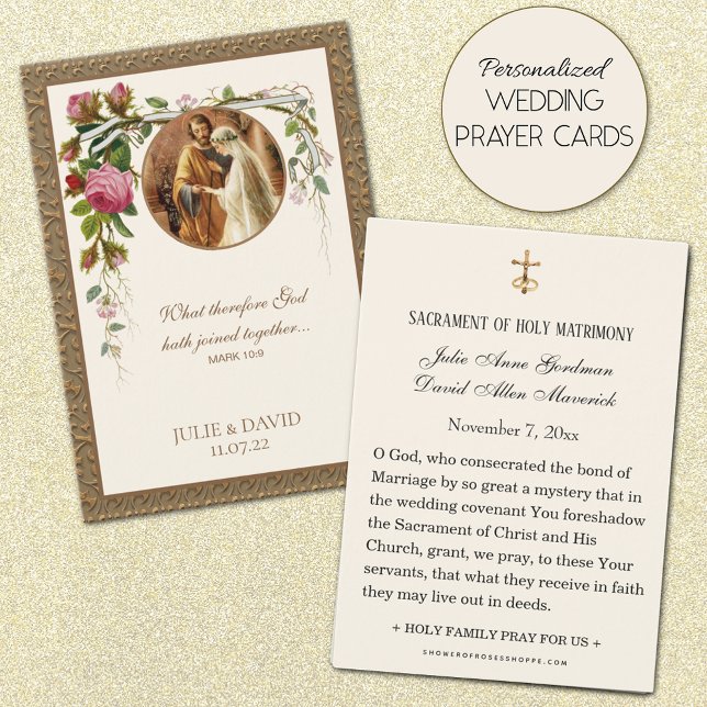 Skriptparkskort för elegant i Blommigt Bröllop Visitkort (Personalized Traditional Catholic Wedding Prayer Cards)