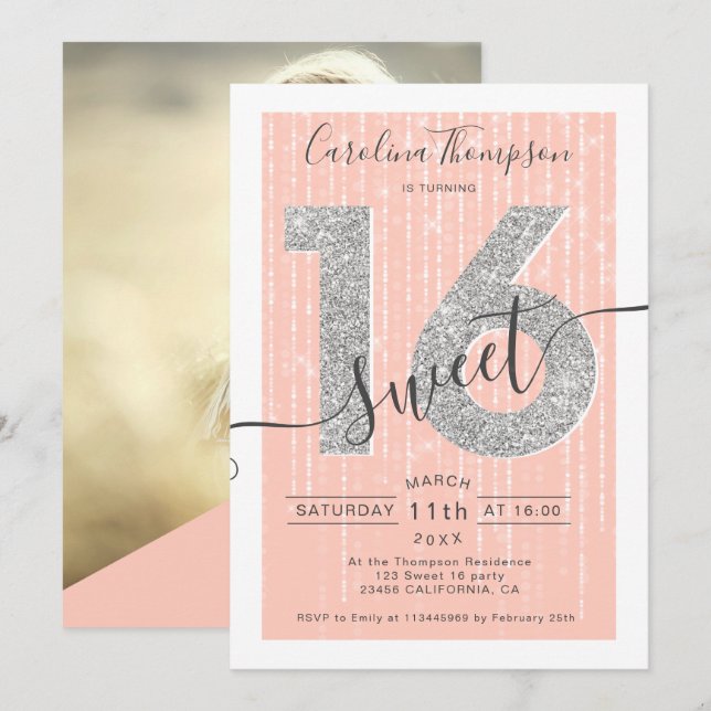 Skriptpersika Sweet 16 foto silver glitter Inbjudningar (Fram/baksida)