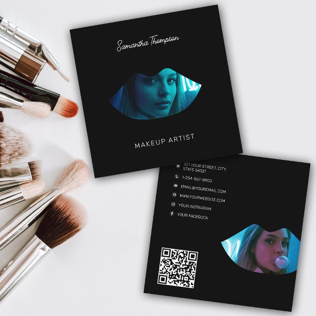 SkriptProfessionell Makeup Artist 2 Photo Läppar Fyrkantigt Visitkort (Script Professional Makeup Artist 2 Photo Lips Square Business Card)