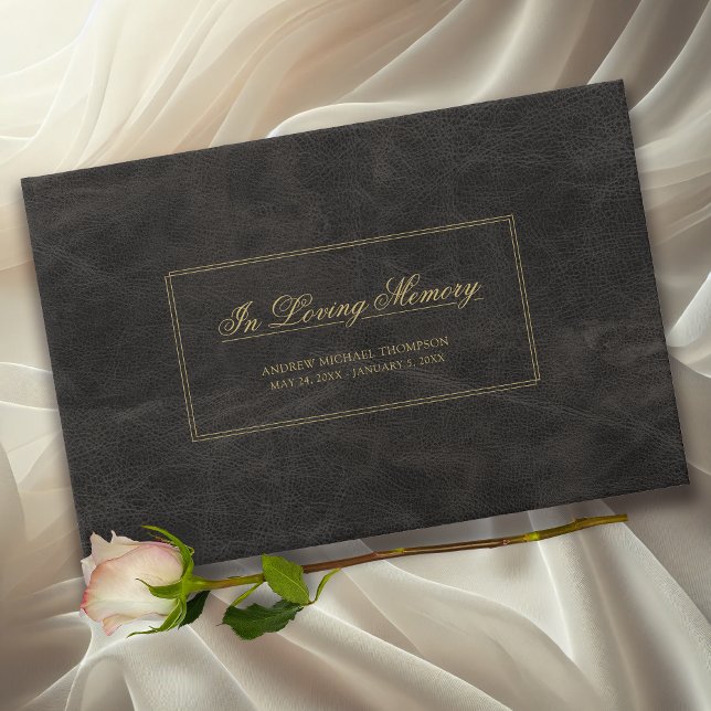 Skripträler för Memorial Black Leather Guld Gästböcker (In Loving Memory Faux Black Leather and Gold Funeral Guestbook.)