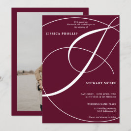 Skriptröd burgundfotokalligrafi bröllop inbjudningar