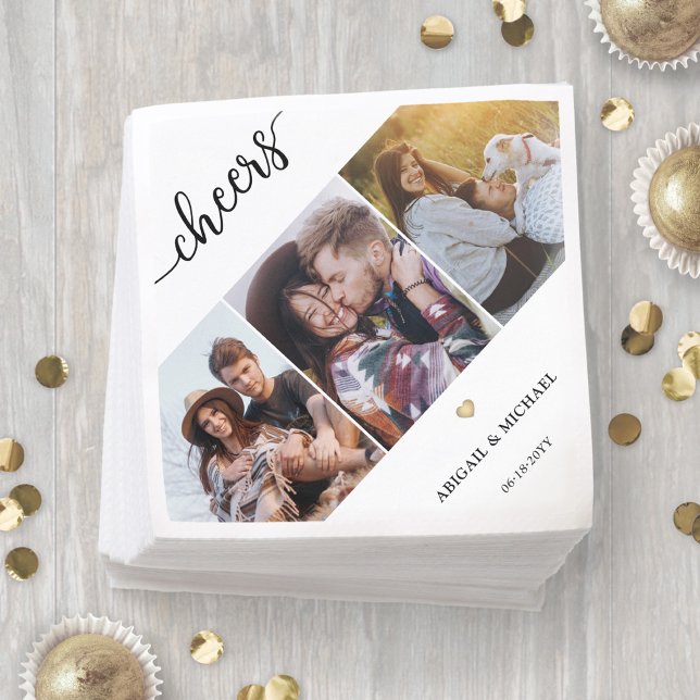 Skriptschare 3 Photo Collage & Guld Heart Bröllop Pappersservett (Skapare uppladdad)