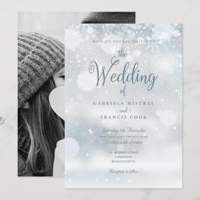 Skriptskript för Eleganten Winter Snöflingor Photo Inbjudningar (Fram/baksida)