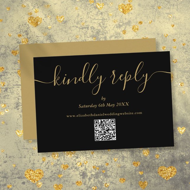 Skriptskript för QR-Elegant i svartvitt och Guld OSA Kort (Black And Gold QR Code Elegant Script Kindly Reply RSVP Card)