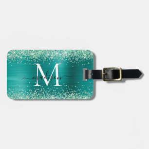 Skriptskript för Teal Grönt Glitter Brushed Metall Bagagebricka