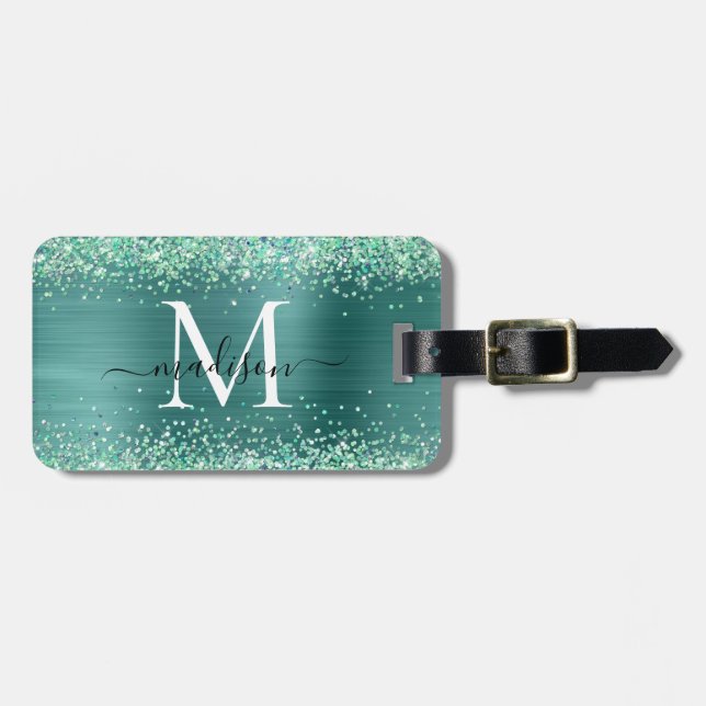 Skriptskript för Teal Grönt Glitter Brushed Metall Bagagebricka (Horisontell Framsida)