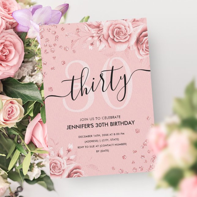 Skriptskript Ro Guld Blommigt Glitter 30års födels Inbjudningar (Rose Gold Floral Glitter 30th Birthday Script Invitation)