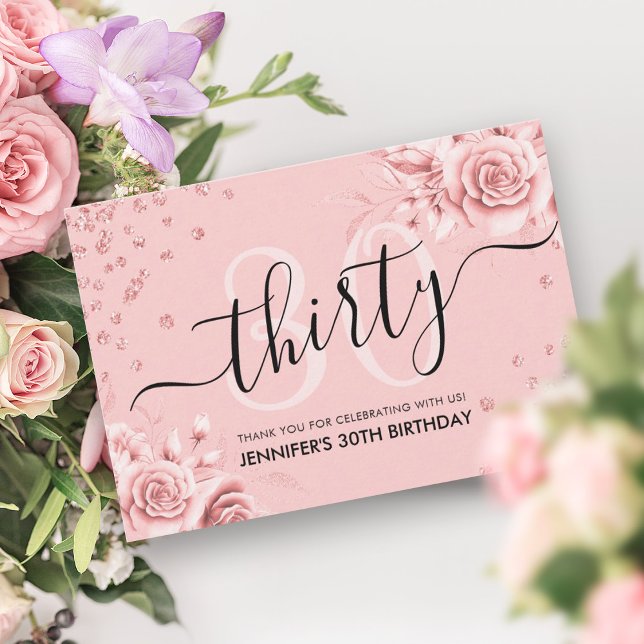 Skriptskript Ro Guld Blommigt Glitter 30års födels Tack Kort (Rose Gold Floral Glitter 30th Birthday Script Thank You Card)