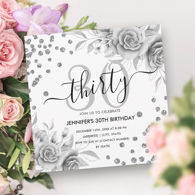 Skriptskript Silver Guld Blommigt Glitter 30års fö Inbjudningar (Silver Gold Floral Glitter 30th Birthday Script Invitation)