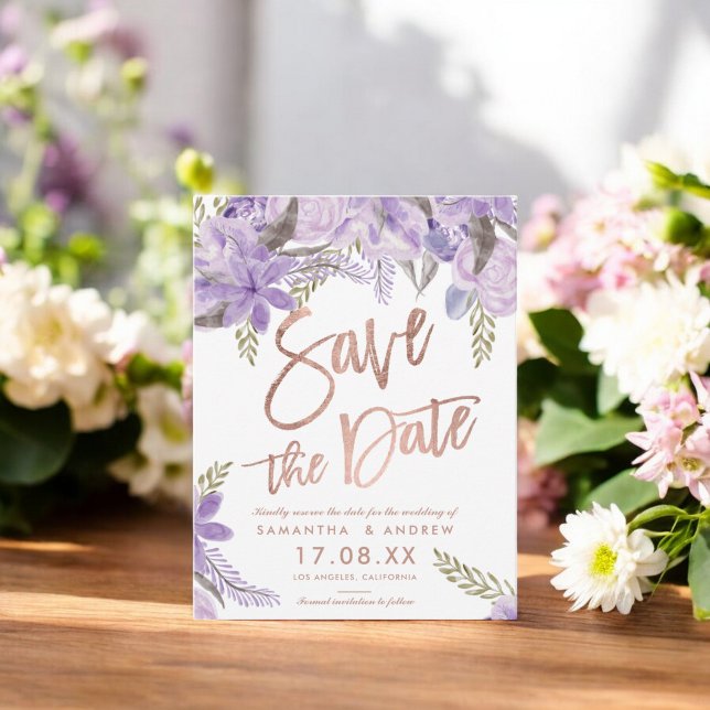 Skriptspararen ro guld för Blommigt sparade datume Meddelande Vykort (Rose gold script Floral lavender save the date Announcement Postcard)