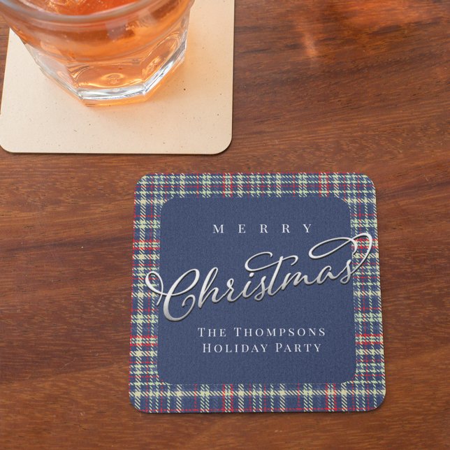 Skriptsten god jul Navy Blue Calligraphy Underlägg Papper Kvadrat (Merry Christmas navy blue plaid pattern paper coaster)
