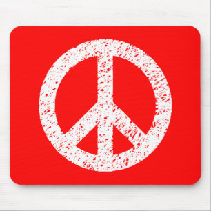 Skriptsymbol - Stenciled Peace Symbol - vit på röd Musmatta