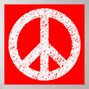 Skriptsymbol - Stenciled Peace Symbol - vit på röd Poster