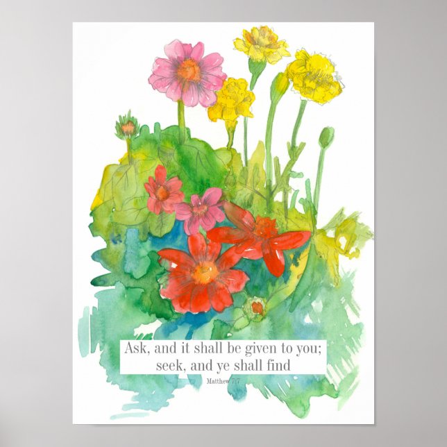 Skriptthew 7:7 Bible Verse Zinnia Flowers Poster (Framsidan)