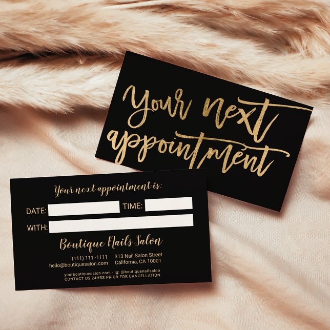 Skripttypografi av den moderna eleganten guld tidsbeställning kort (Modern elegant gold foil script typography black appointment card)