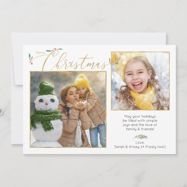 Skripttypografi - minimalistisk 2-foto-Guld & vit Julkort (Framsida)