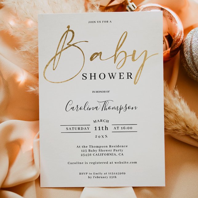 Skripttypsdusch för guld i Modern elegant chic Inbjudningar (Modern elegant chic gold script font baby shower invitation)
