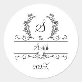 Skripttypsnitt för Monogram Family Namn Löv Runt Klistermärke