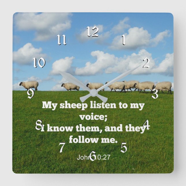 Skripturvers, John 10:27 Mina får lyssna på... Fyrkantig Klocka (Framsida)