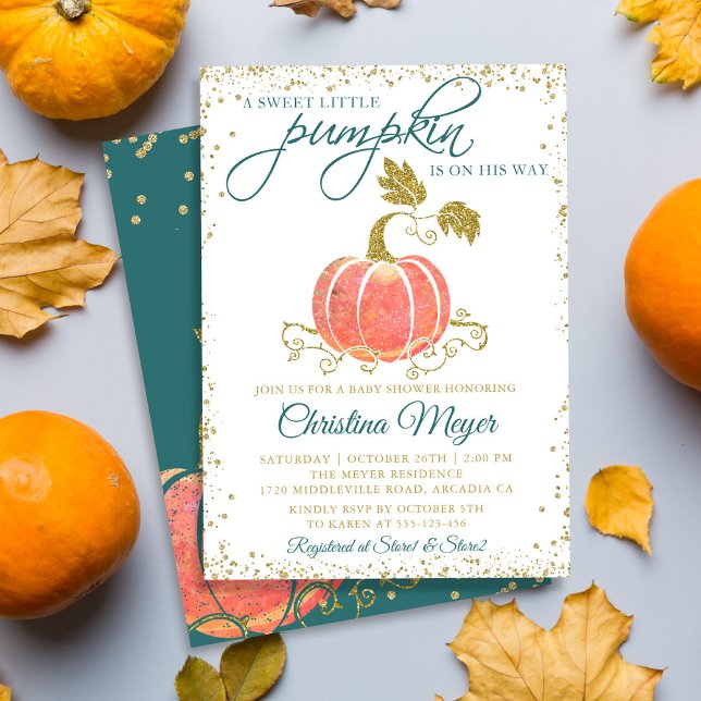 Skriptvattenfärgspumpkin Glitter Fall Baby Shower Inbjudningar (Skapare uppladdad)