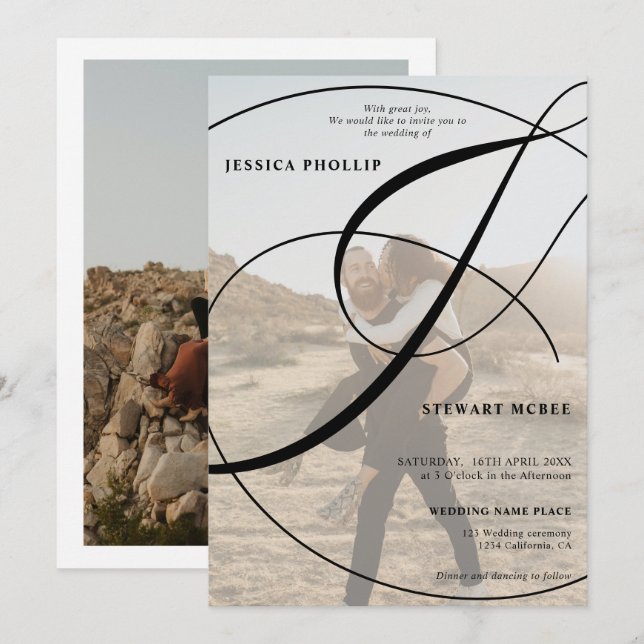 Skriptvit 2-fotokalligrafi bröllop inbjudningar (Fram/baksida)