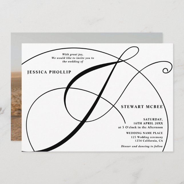 Skriptvit fotokalligrafi bröllop inbjudningar (Fram/baksida)