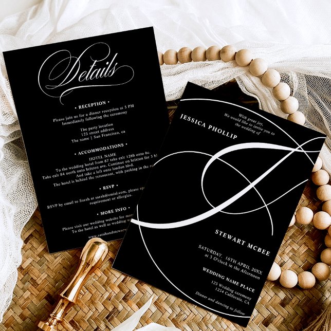 Skriptvit svart allt i en calligraphy bröllop inbjudningar (Script white black all in one calligraphy wedding invitation)
