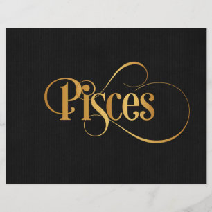 Skriptzodiac-tecknet Pisces Guld på svart Reklamblad