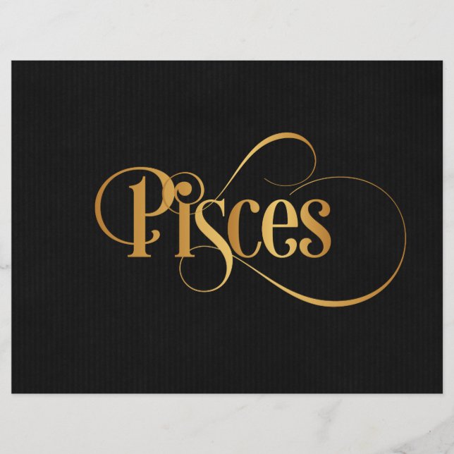 Skriptzodiac-tecknet Pisces Guld på svart Reklamblad (Framsidan)