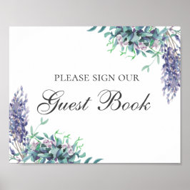 Skriv i vår gästbok. Lila blomma. Blommig bröllop Poster