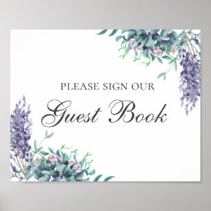 Skriv i vår gästbok. Lila blomma. Blommig bröllop Poster