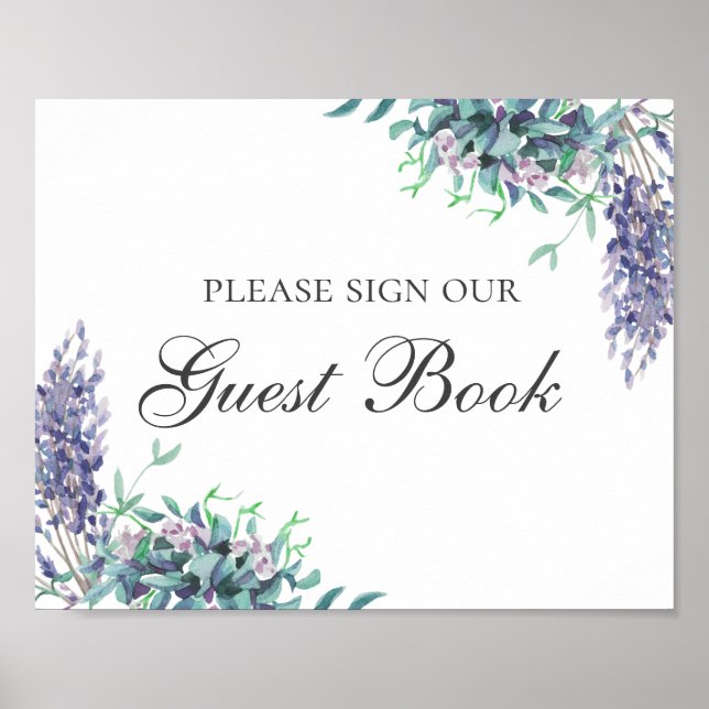 Skriv i vår gästbok. Lila blomma. Blommig bröllop Poster (Framsidan)