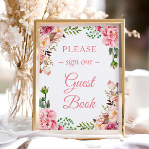 Skriv i vår gästbok Stilfull rosa blommig design Poster