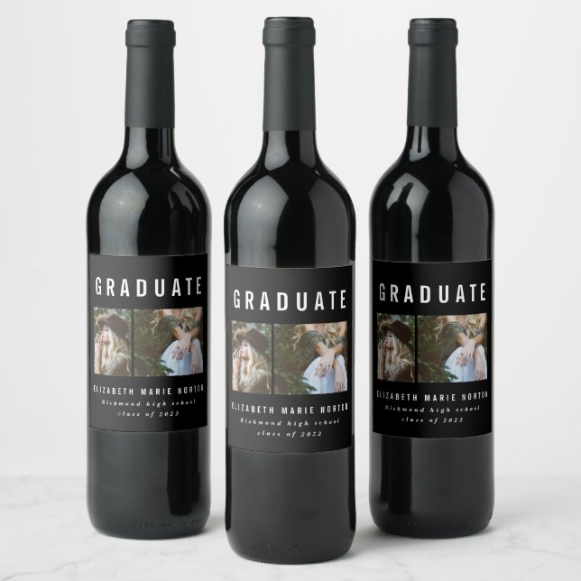 Skriv studenten multifotosvartvitt vinflaska etikett (Flaskor)