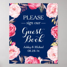 Skriv under Guestbook Navy Blue Blommigt Wand Poster