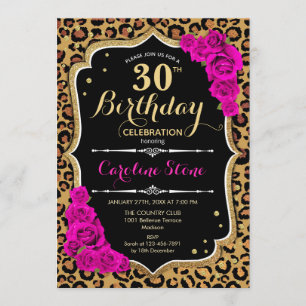 Skriv ut 30års födelsedag - Rosa ros Leopard Inbjudningar