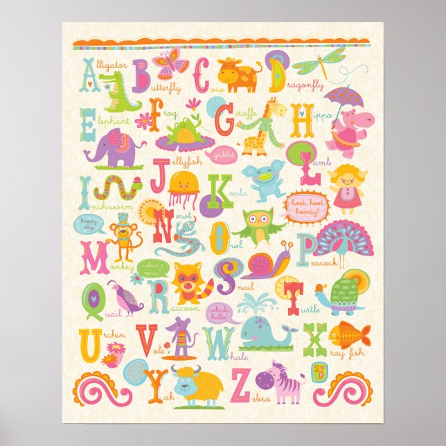 Skriv ut ABC Animal Alphabet Girl Nursery Poster (Framsidan)