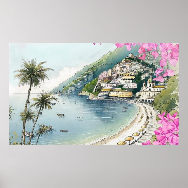 Skriv ut Amalfi Kusten Watercolor Art Poster (Framsidan)