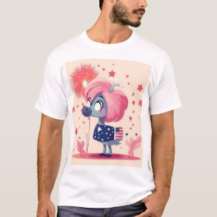 Skriv ut amerikanska Flagga med Flamingo Tecknad M T Shirt