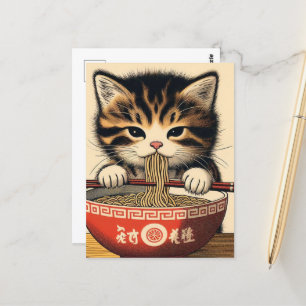 Skriv ut av den ärade Kitten Eating Ramen Woodbloc Vykort